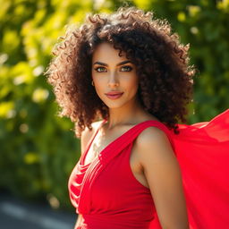 A stunning woman with beautiful, voluminous curly hair and striking green eyes, wearing an elegant red dress that flows gracefully around her