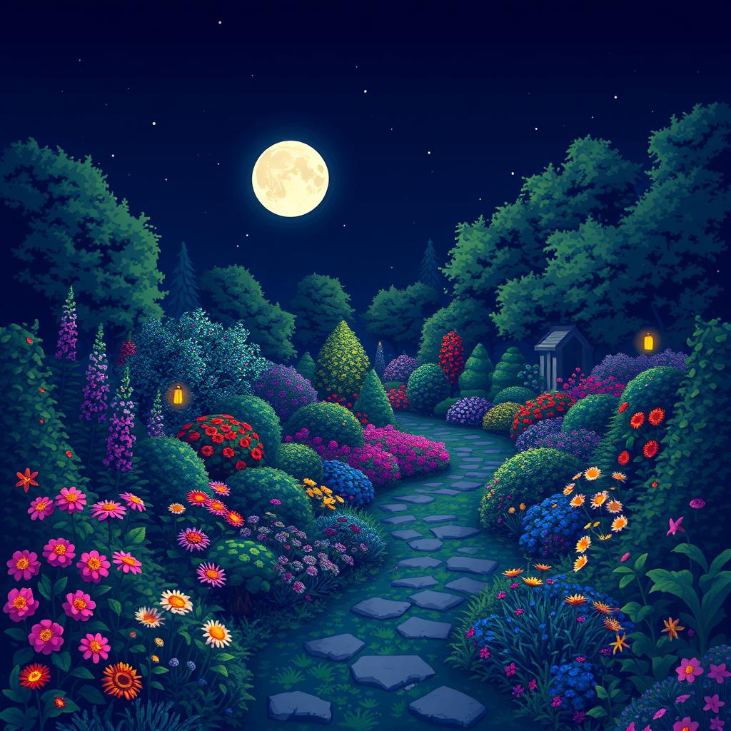 A beautifully detailed pixel art scene of a large garden illuminated by soft moonlight