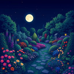 A beautifully detailed pixel art scene of a large garden illuminated by soft moonlight