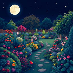 A beautifully detailed pixel art scene of a large garden illuminated by soft moonlight