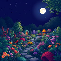 A beautifully detailed pixel art scene of a large garden illuminated by soft moonlight