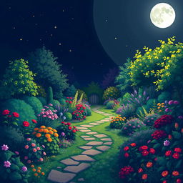 A beautifully detailed pixel art scene of a large garden illuminated by soft moonlight