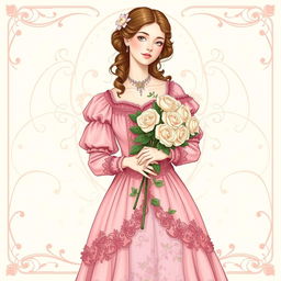 A fair-skinned woman adorned in a beautiful pink Victorian dress, holding a bouquet of delicate white roses