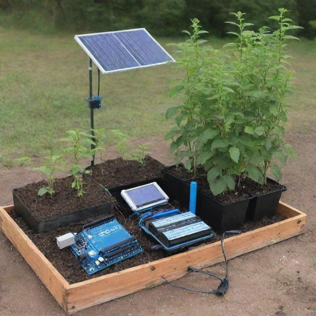 Illustrate an automated watering system showcasing temperature, humidity and soil moisture sensors using DHT22 and Arduino Uno. Include elements of enhanced plantation and solar power in the setup.