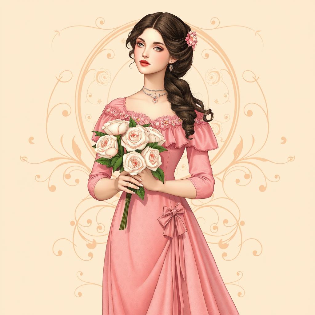 A fair-skinned woman adorned in a beautiful pink Victorian dress, holding a bouquet of delicate white roses