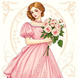 A fair-skinned woman adorned in a beautiful pink Victorian dress, holding a bouquet of delicate white roses