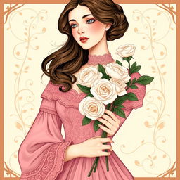 A fair-skinned woman adorned in a beautiful pink Victorian dress, holding a bouquet of delicate white roses