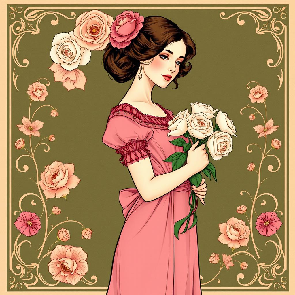 A fair-skinned woman in a charming pink Victorian dress, gracefully holding a bouquet of fresh white roses