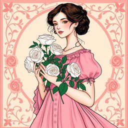 A fair-skinned woman in a charming pink Victorian dress, gracefully holding a bouquet of fresh white roses