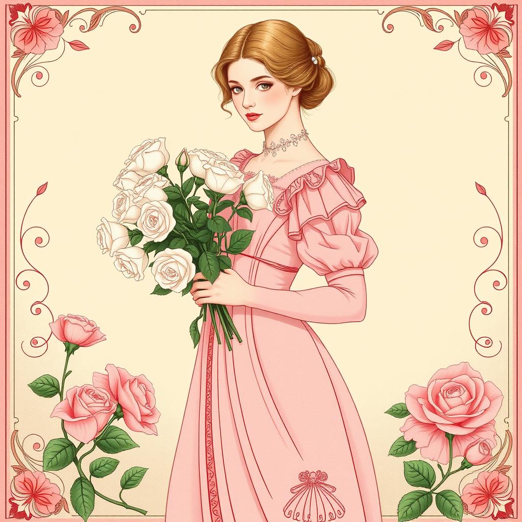 A fair-skinned woman in a charming pink Victorian dress, gracefully holding a bouquet of fresh white roses