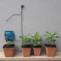 Illustrate an automated watering system showcasing temperature, humidity and soil moisture sensors using DHT22 and Arduino Uno. Include elements of enhanced plantation and solar power in the setup.