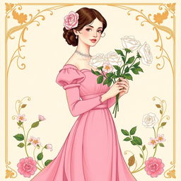 A fair-skinned woman in a charming pink Victorian dress, gracefully holding a bouquet of fresh white roses