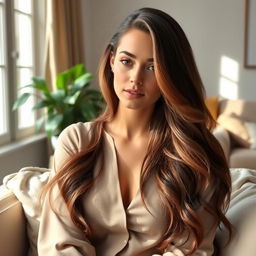 A beautiful woman with long, flowing hair, sitting on a soft couch in a cozy living room