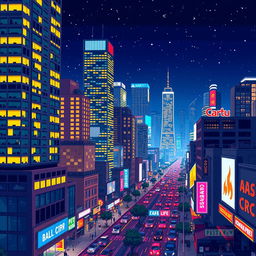 A vibrant pixel art depiction of a big city at night, filled with towering skyscrapers adorned with glowing windows