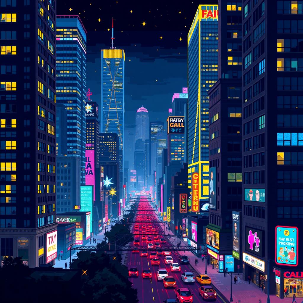 A vibrant pixel art depiction of a big city at night, filled with towering skyscrapers adorned with glowing windows