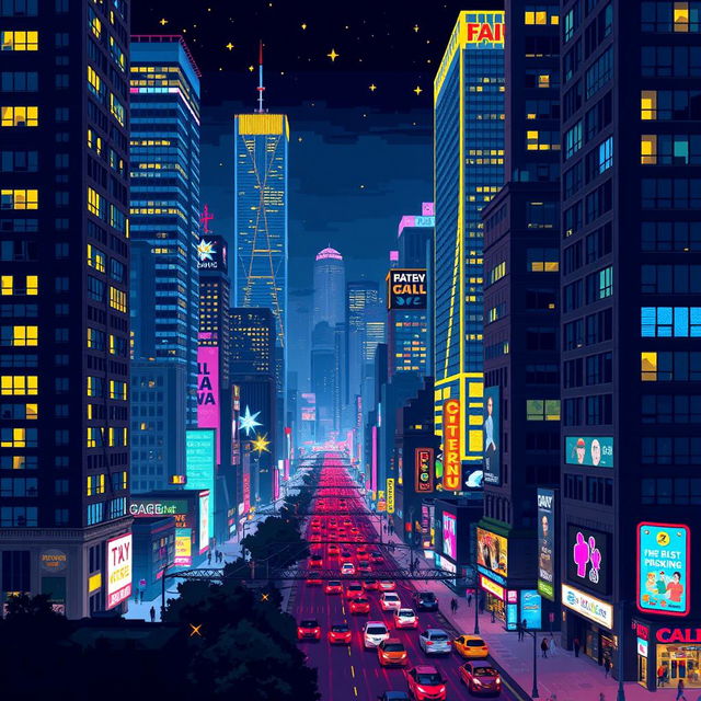 A vibrant pixel art depiction of a big city at night, filled with towering skyscrapers adorned with glowing windows