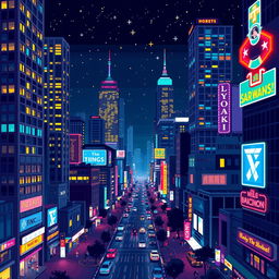 A vibrant pixel art depiction of a big city at night, filled with towering skyscrapers adorned with glowing windows