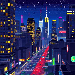 A vibrant pixel art depiction of a big city at night, filled with towering skyscrapers adorned with glowing windows