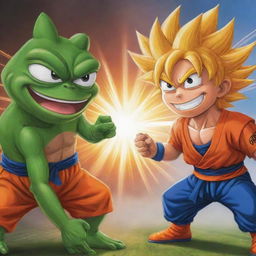 Illustrate an epic face-off scene between Pepe the Frog and Goku in his Super Saiyan form. Ensure both characters are visibly engaged in a friendly competition, emanating a vibrant and dynamic energy.