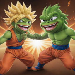 Illustrate an epic face-off scene between Pepe the Frog and Goku in his Super Saiyan form. Ensure both characters are visibly engaged in a friendly competition, emanating a vibrant and dynamic energy.