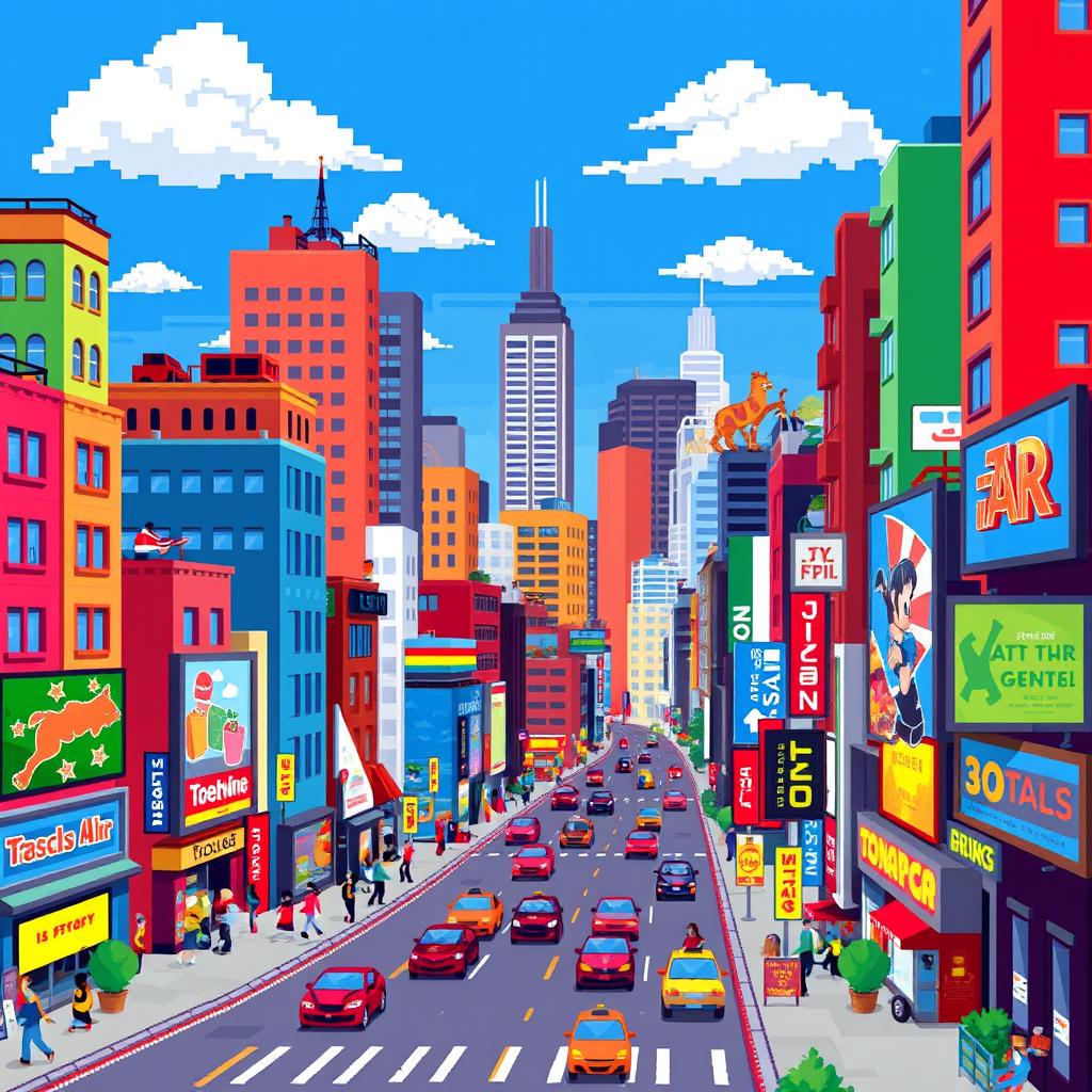 A vibrant pixel art depiction of a bustling cityscape, featuring colorful buildings of various shapes and sizes