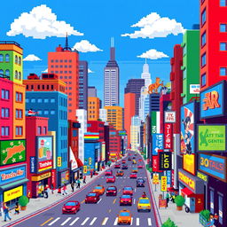 A vibrant pixel art depiction of a bustling cityscape, featuring colorful buildings of various shapes and sizes