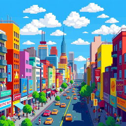 A vibrant pixel art depiction of a bustling cityscape, featuring colorful buildings of various shapes and sizes