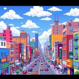 A vibrant pixel art depiction of a bustling cityscape, featuring colorful buildings of various shapes and sizes