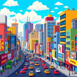 A vibrant pixel art depiction of a bustling cityscape, featuring colorful buildings of various shapes and sizes