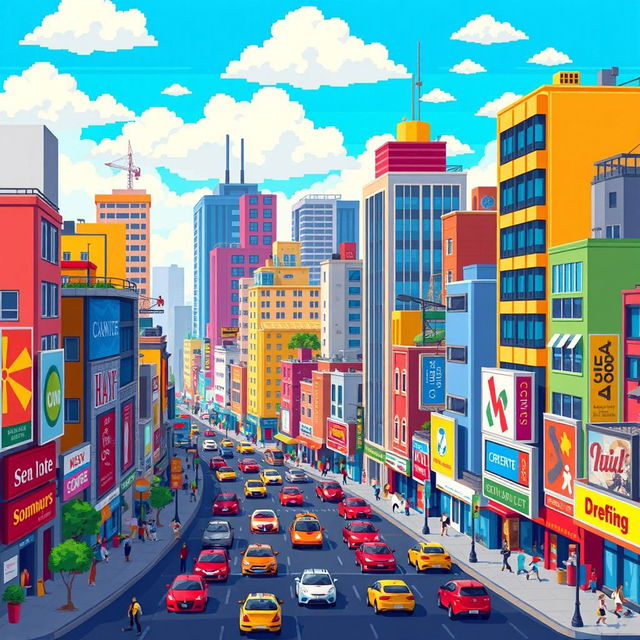 A vibrant pixel art depiction of a bustling cityscape, featuring colorful buildings of various shapes and sizes