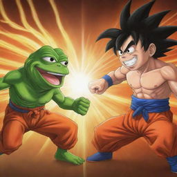 Illustrate an epic face-off scene between Pepe the Frog and Goku in his Super Saiyan form. Ensure both characters are visibly engaged in a friendly competition, emanating a vibrant and dynamic energy.