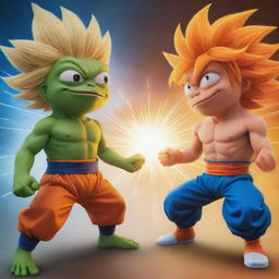 Illustrate an epic face-off scene between Pepe the Frog and Goku in his Super Saiyan form. Ensure both characters are visibly engaged in a friendly competition, emanating a vibrant and dynamic energy.