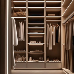 An elegantly designed walk-in closet of dimensions 3 meters by 1.2 meters, exuding sophistication with premium materials, various high-end garments, and stylish accessories.