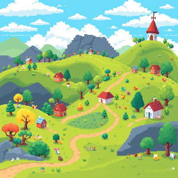 A vibrant and colorful pixel art scene showcasing an imaginative landscape filled with whimsical elements