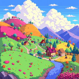 A vibrant and colorful pixel art scene showcasing an imaginative landscape filled with whimsical elements