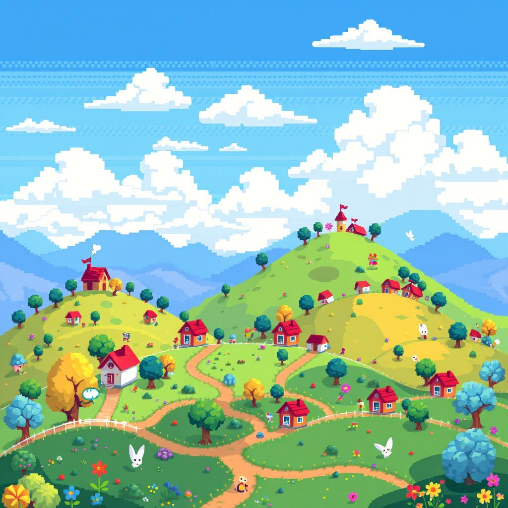 A vibrant and colorful pixel art scene showcasing an imaginative landscape filled with whimsical elements