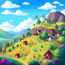 A vibrant and colorful pixel art scene showcasing an imaginative landscape filled with whimsical elements