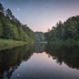 A serene landscape at dusk, featuring a peaceful lake with reflecting moonlight, surrounded by dense woodland