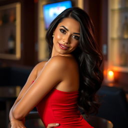 A stunning and sensual Latina woman with long, flowing dark hair, wearing a form-fitting, elegant red dress