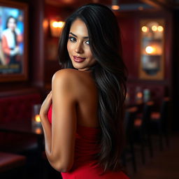 A stunning and sensual Latina woman with long, flowing dark hair, wearing a form-fitting, elegant red dress