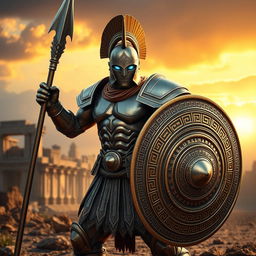 A striking depiction of an Ancient Greek Bronze Warforged Fighter, showcasing intricate details of its metallic armor designed in a classical Greek style