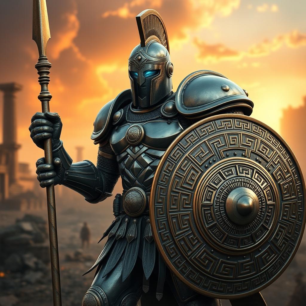 A striking depiction of an Ancient Greek Bronze Warforged Fighter, showcasing intricate details of its metallic armor designed in a classical Greek style