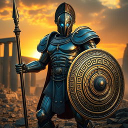 A striking depiction of an Ancient Greek Bronze Warforged Fighter, showcasing intricate details of its metallic armor designed in a classical Greek style