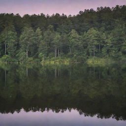 A serene landscape at dusk, featuring a peaceful lake with reflecting moonlight, surrounded by dense woodland