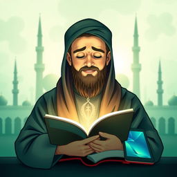 A beautifully designed front cover for an A5 book featuring an illustration of a soothing-faced Islamic preacher, radiating warmth and wisdom