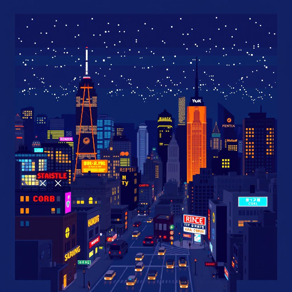 A stunning pixel art representation of a night city scene, showcasing a skyline filled with various skyscrapers and buildings, all illuminated with vibrant lights