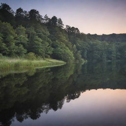 A serene landscape at dusk, featuring a peaceful lake with reflecting moonlight, surrounded by dense woodland