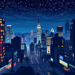 A stunning pixel art representation of a night city scene, showcasing a skyline filled with various skyscrapers and buildings, all illuminated with vibrant lights