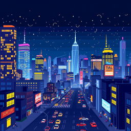 A stunning pixel art representation of a night city scene, showcasing a skyline filled with various skyscrapers and buildings, all illuminated with vibrant lights