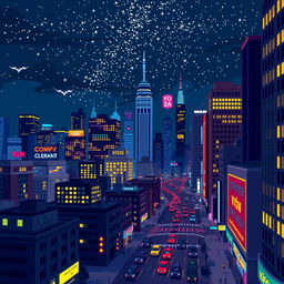 A stunning pixel art representation of a night city scene, showcasing a skyline filled with various skyscrapers and buildings, all illuminated with vibrant lights